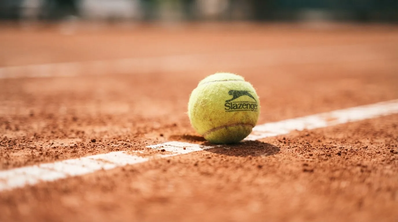 Ein einzelner Tennisball liegt auf rotem Sand neben einer weißen Linie, geringe Schärfentiefe.