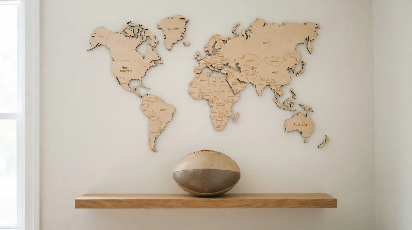 Eine Weltkarte aus Holz hängt an einer Wand, davor liegt ein Fußball auf einem Regal, ohne erkennbare Beschriftung.