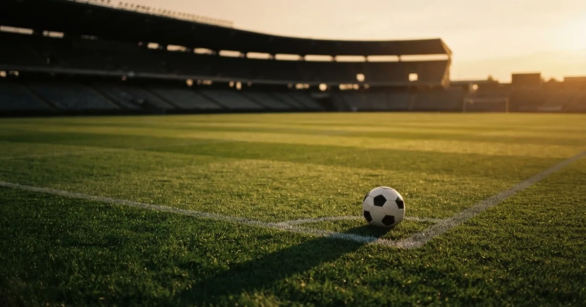 Ein Fußballplatz mit frisch gemähtem Rasen im Abendlicht, ein Ball liegt im Strafraum, im Hintergrund unscharf eine leere Tribüne.