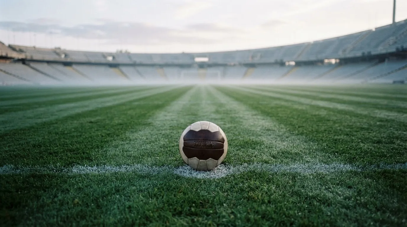 Ein Fußball liegt auf dem Anstoßpunkt eines leeren Rasenplatzes im frühen Morgenlicht, dahinter eine leere Tribüne.