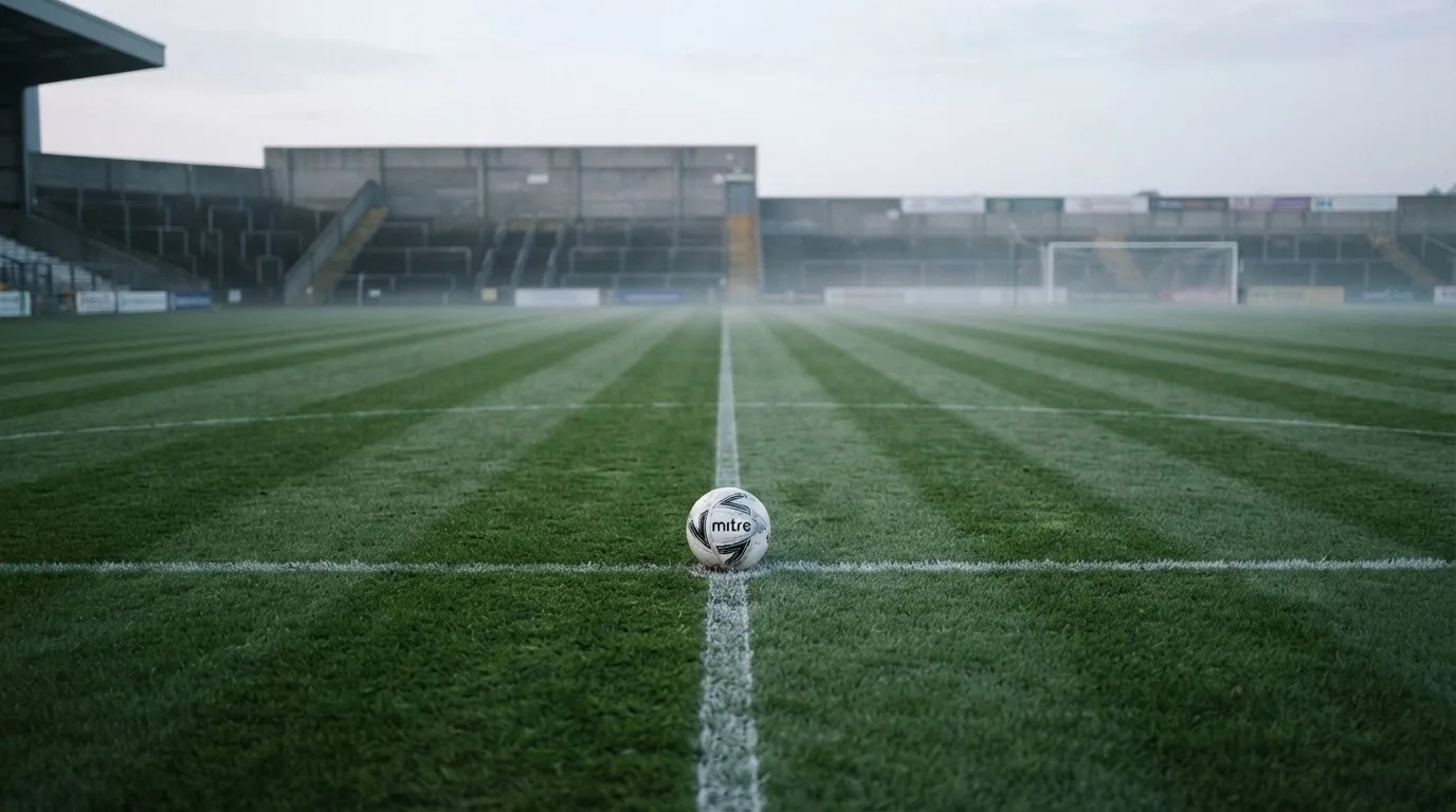Ein Fußball liegt auf dem Anstoßpunkt eines leeren Rasenplatzes im frühen Morgenlicht, dahinter eine leere Tribüne.