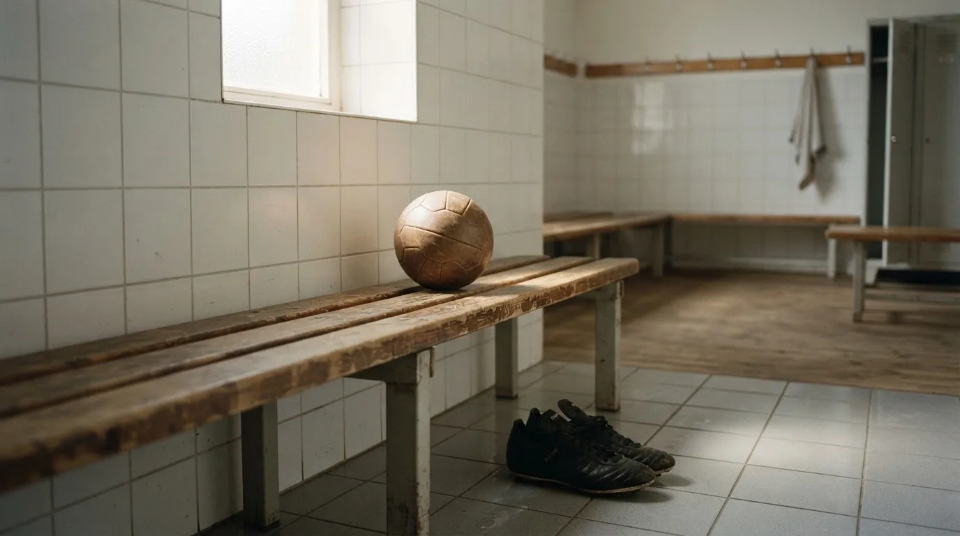 Ein Fußball liegt auf einer Holzbank in einer leeren Umkleide neben einem Paar Fußballschuhen ohne Markenzeichen.