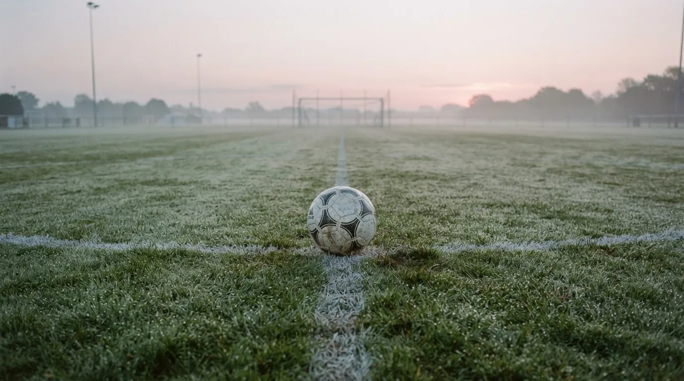 Ein Fußball ruht auf dem Mittelkreis eines leeren Rasenplatzes in der Morgendämmerung, Tau liegt auf dem Gras.