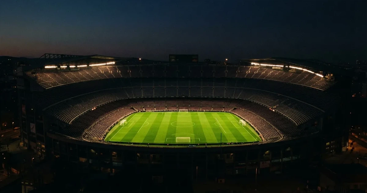 Ein Stadion bei Nacht unter Flutlicht aus der Ferne gesehen, der Rasen ist hell erleuchtet, keine erkennbaren Personen.