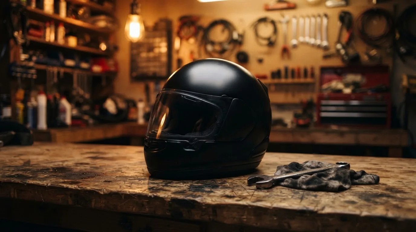 Ein schwarzer Motorradhelm ohne Aufdruck liegt auf einer Werkbank neben einem Schraubenschlüssel, warmes Licht einer Werkstatt.