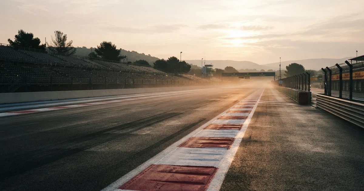 Eine leere Rennstrecke mit rot-weißen Randsteinen im frühen Morgenlicht, auf dem Asphalt liegt dünner Nebel, keine Fahrzeuge.