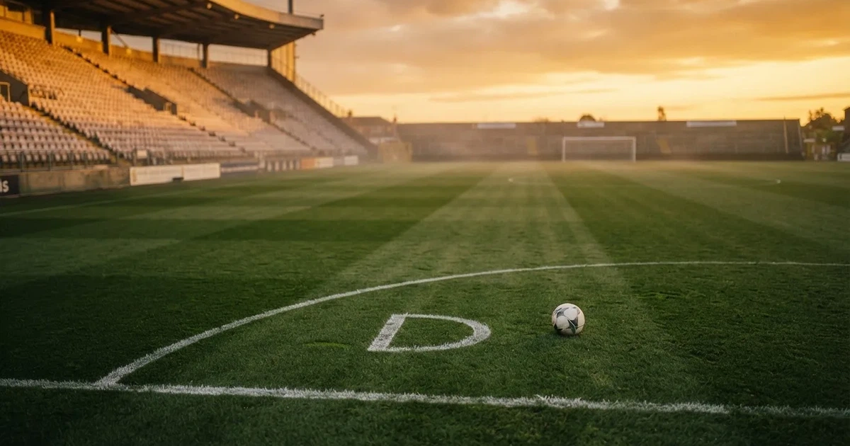 Ein Fußballplatz mit frisch gemähtem Rasen im Abendlicht, ein Ball liegt im Strafraum, im Hintergrund unscharf eine leere Tribüne.