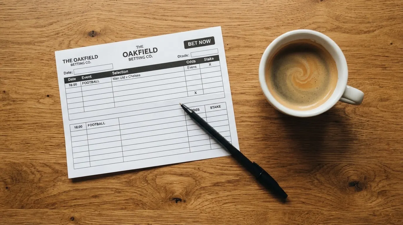 Ein leerer Wettschein aus Papier liegt neben einem Kugelschreiber und einer Tasse Kaffee auf einem Holztisch, Aufnahme von oben.