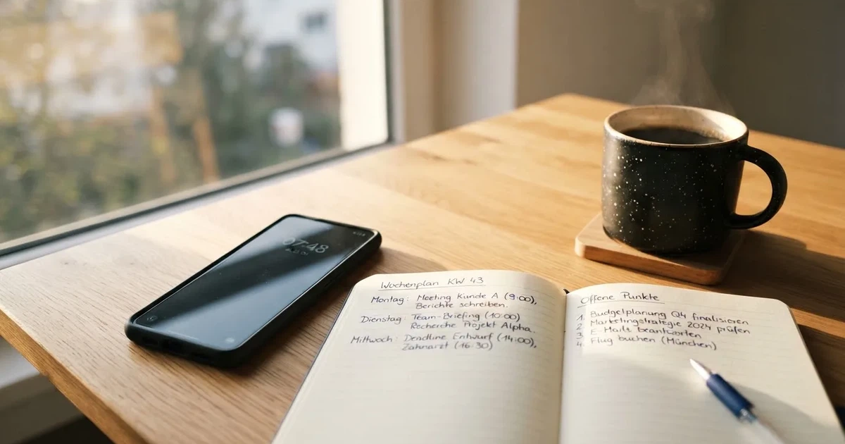 Ein Smartphone mit dunklem Display liegt neben einem Notizbuch mit handschriftlichen Notizen auf einem hellen Holztisch, daneben eine Tasse Kaffee im Morgenlicht.