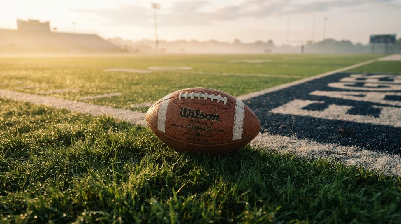 Ein ovaler Lederball mit heller Schnürung liegt auf dem Rasen vor der Endzone, Tau auf dem Gras im ersten Morgenlicht.