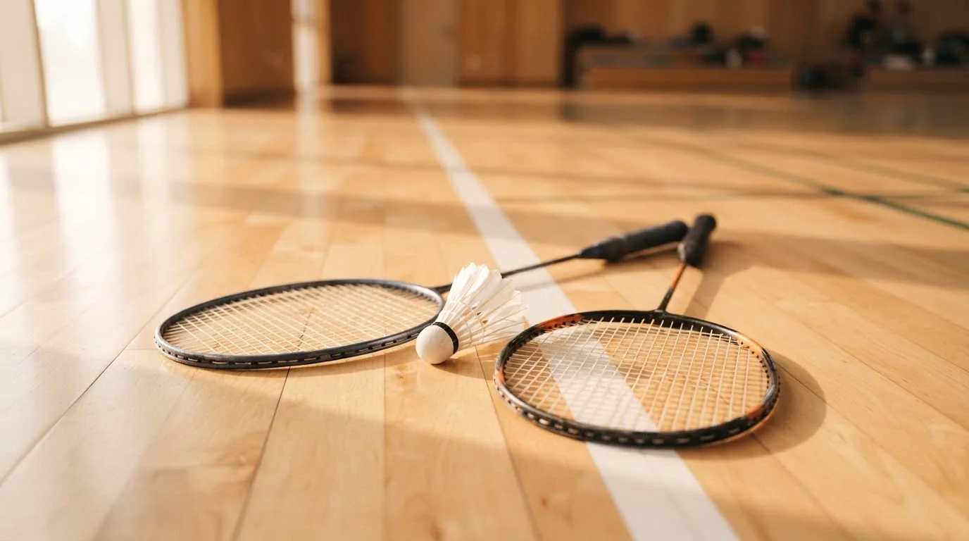 Zwei Badmintonschläger und ein Federball liegen auf einem Holzboden neben der Seitenlinie, weiches Licht fällt von der Seite ein.