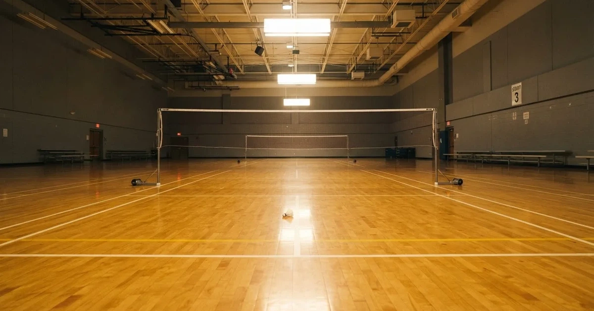 Eine leere Badmintonhalle mit gespanntem Netz und hellen Hallenlichtern, ein Federball liegt auf dem Hallenboden.