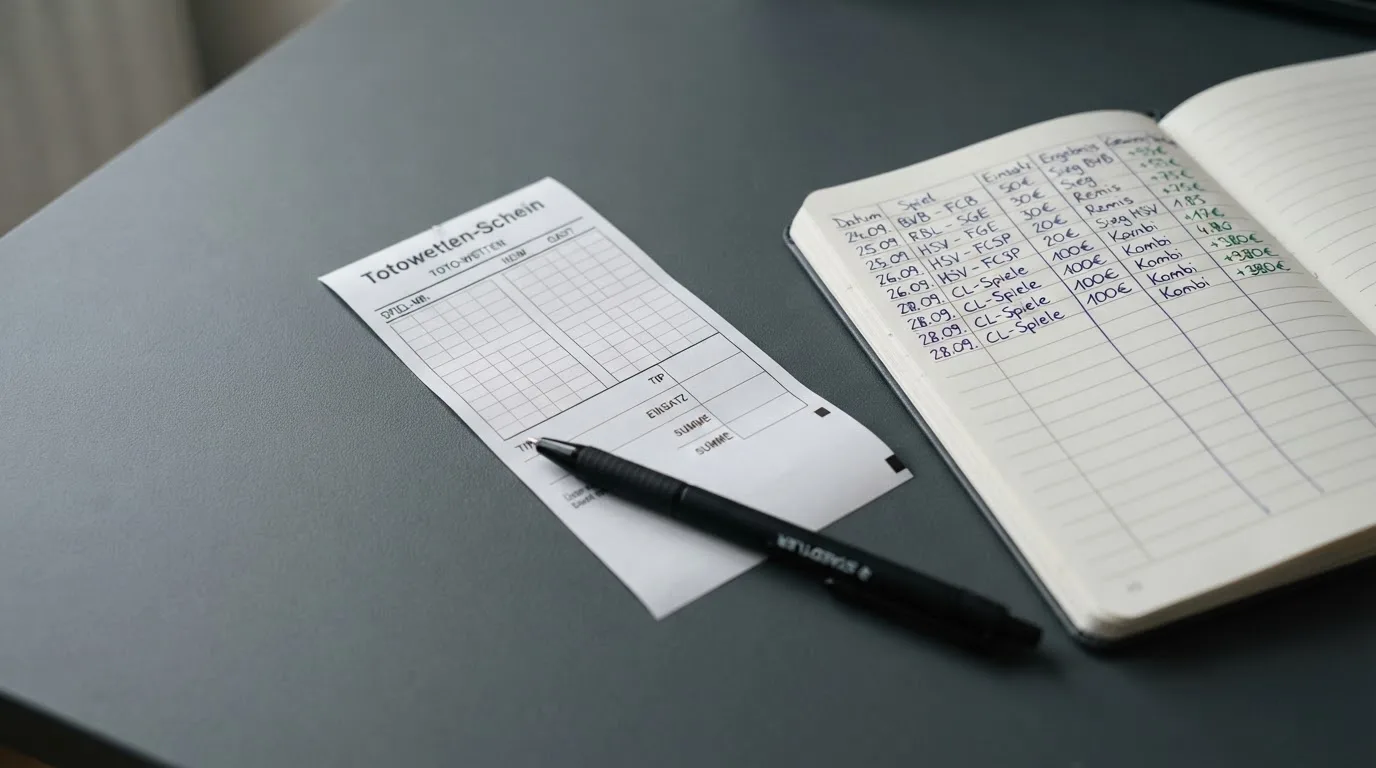 Ein leerer Papierwettschein und ein Kugelschreiber auf einer glatten Schreibtischplatte, daneben ein aufgeschlagenes Notizbuch mit handschriftlichen Notizen.