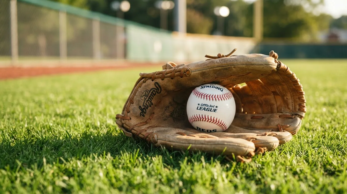 Ein weißer Baseball und ein Lederhandschuh liegen auf kurz geschnittenem Gras, im Hintergrund eine verschwommene Spielfeldbande.