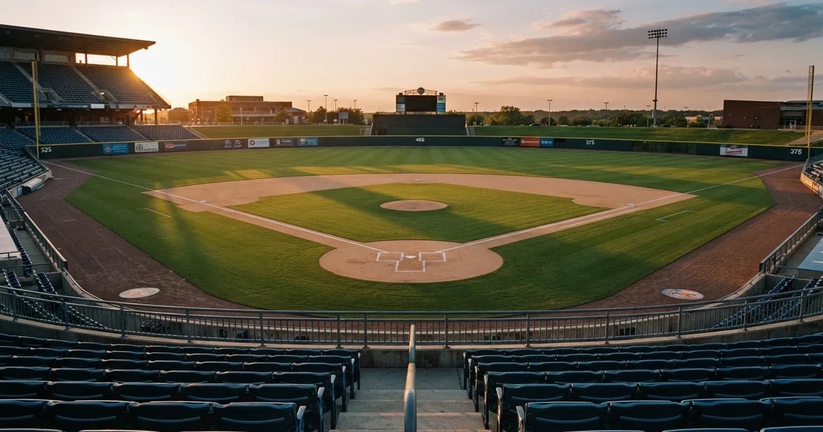 Ein Baseballfeld mit dem hellbraunen Infield und gepflegtem Rasen, von der Tribüne aus gesehen, die Ränge leer, tiefe Abendsonne.