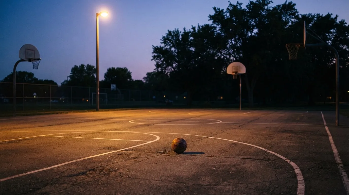 Ein Freiluft-Basketballplatz am Abend mit Asphalt, Linien und zwei Körben unter einer Straßenlaterne.