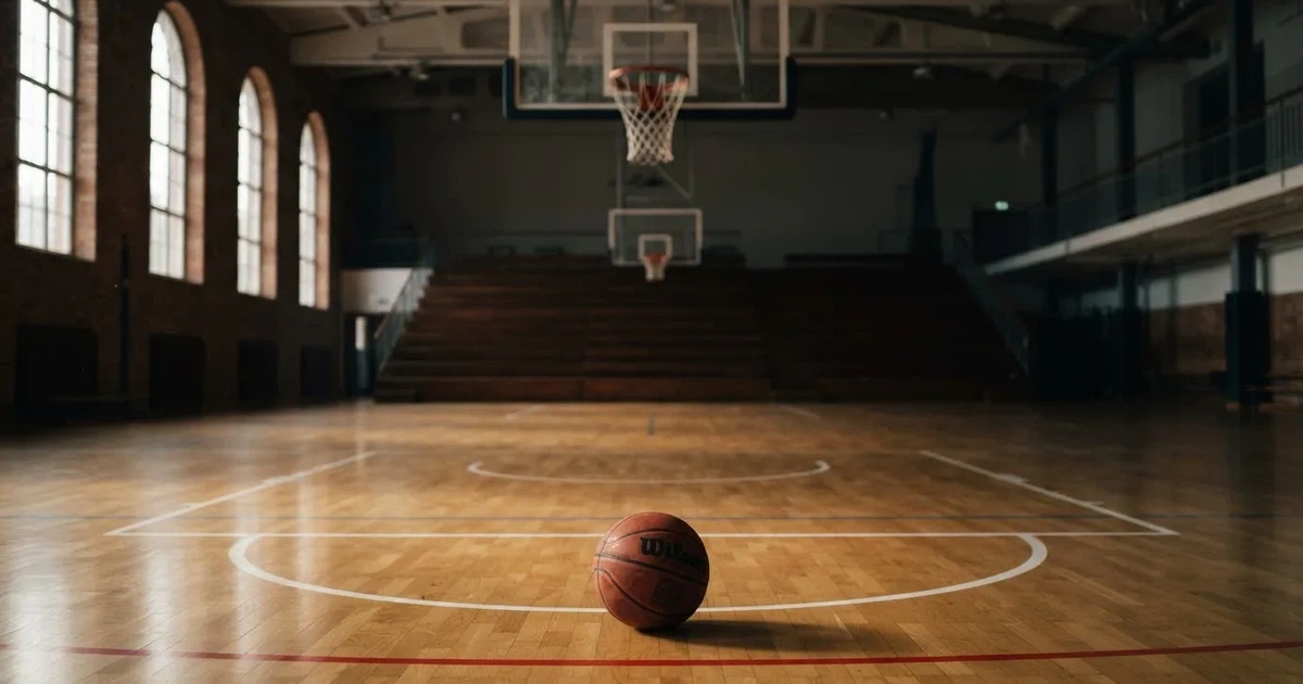 Ein Basketball liegt unter dem Korb auf dem Parkett einer leeren Sporthalle, Licht fällt durch hohe Fenster.