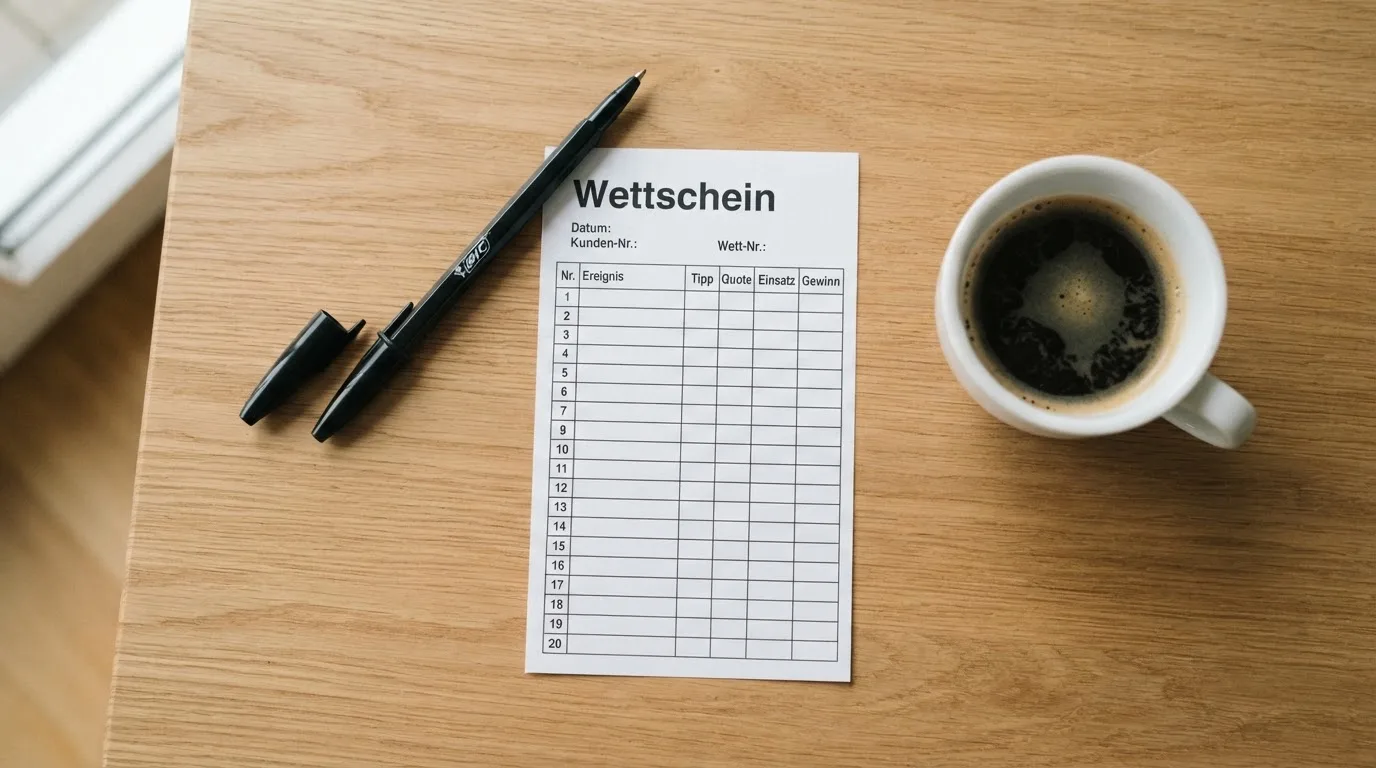 Ein leerer Wettschein aus Papier liegt neben einem Kugelschreiber und einer Tasse auf einem hellen Holztisch.
