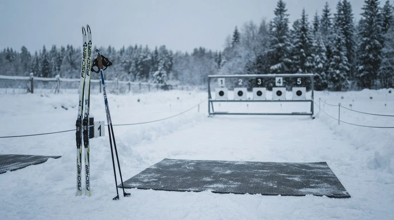 Ein Paar Langlaufskier steckt aufrecht im Schnee neben einem leeren Schießstand mit runden Zielscheiben, kaltes Winterlicht.