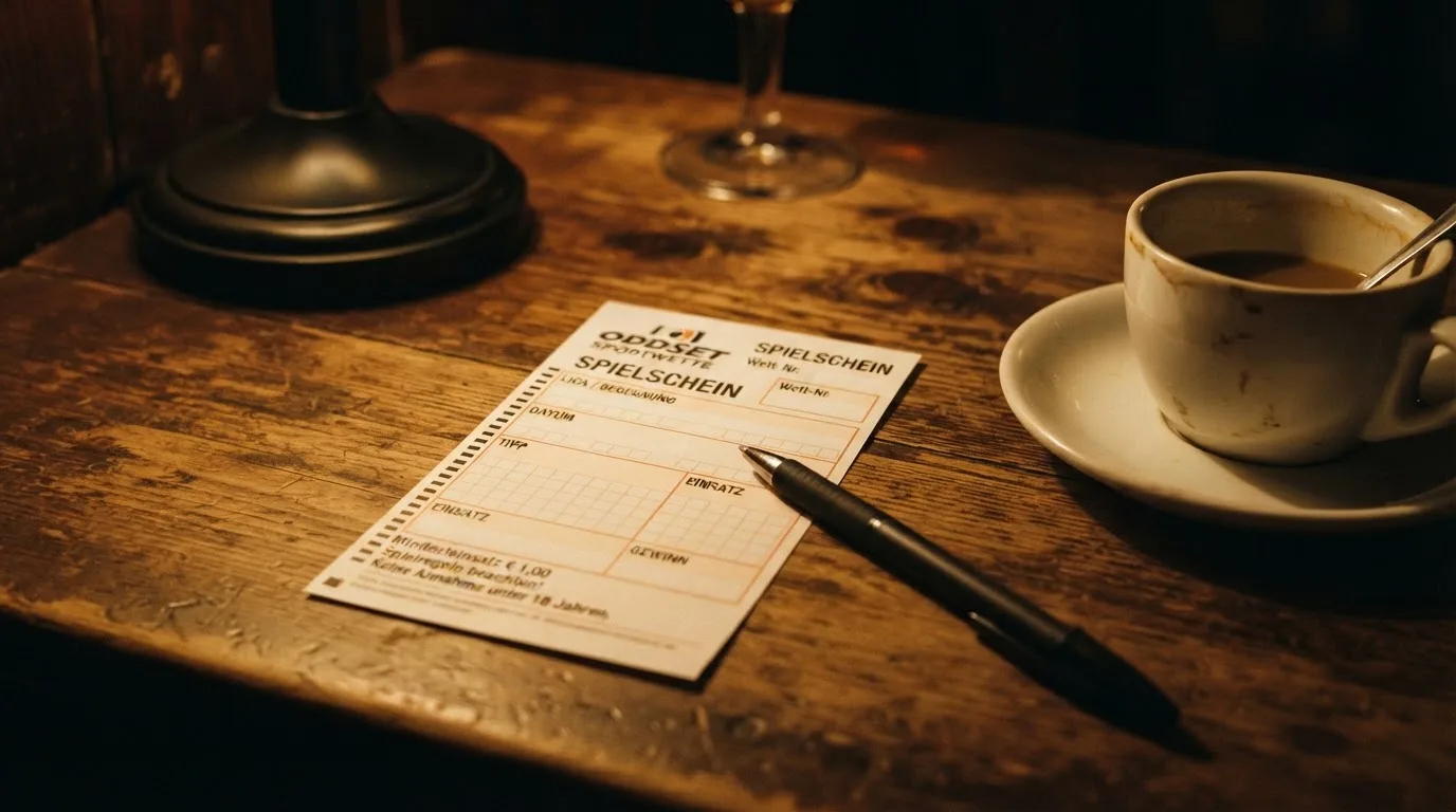 Ein leerer Papierwettschein und ein Kugelschreiber liegen auf einem Holztisch neben einer Tasse, warmes Licht einer Lampe.