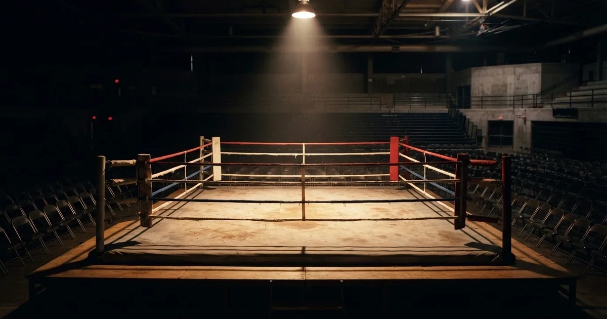 Ein Boxring mit gespannten Seilen in einer leeren Halle, ein einzelner Scheinwerfer leuchtet von oben auf die Ringmatte.
