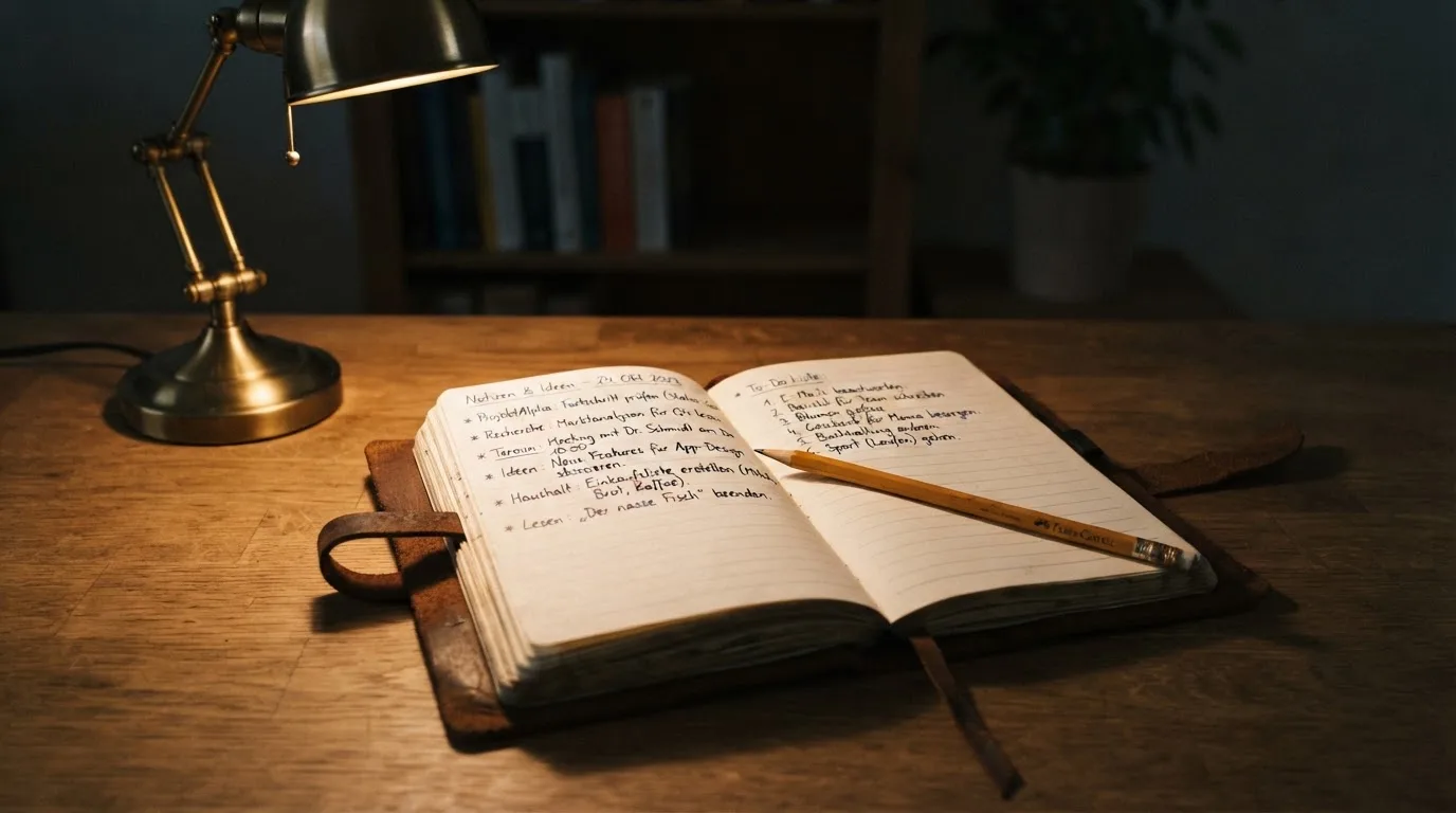 Ein Notizbuch mit handschriftlichen Notizen und ein Bleistift liegen neben einer Tischlampe auf einem Schreibtisch, ruhiges Abendlicht.