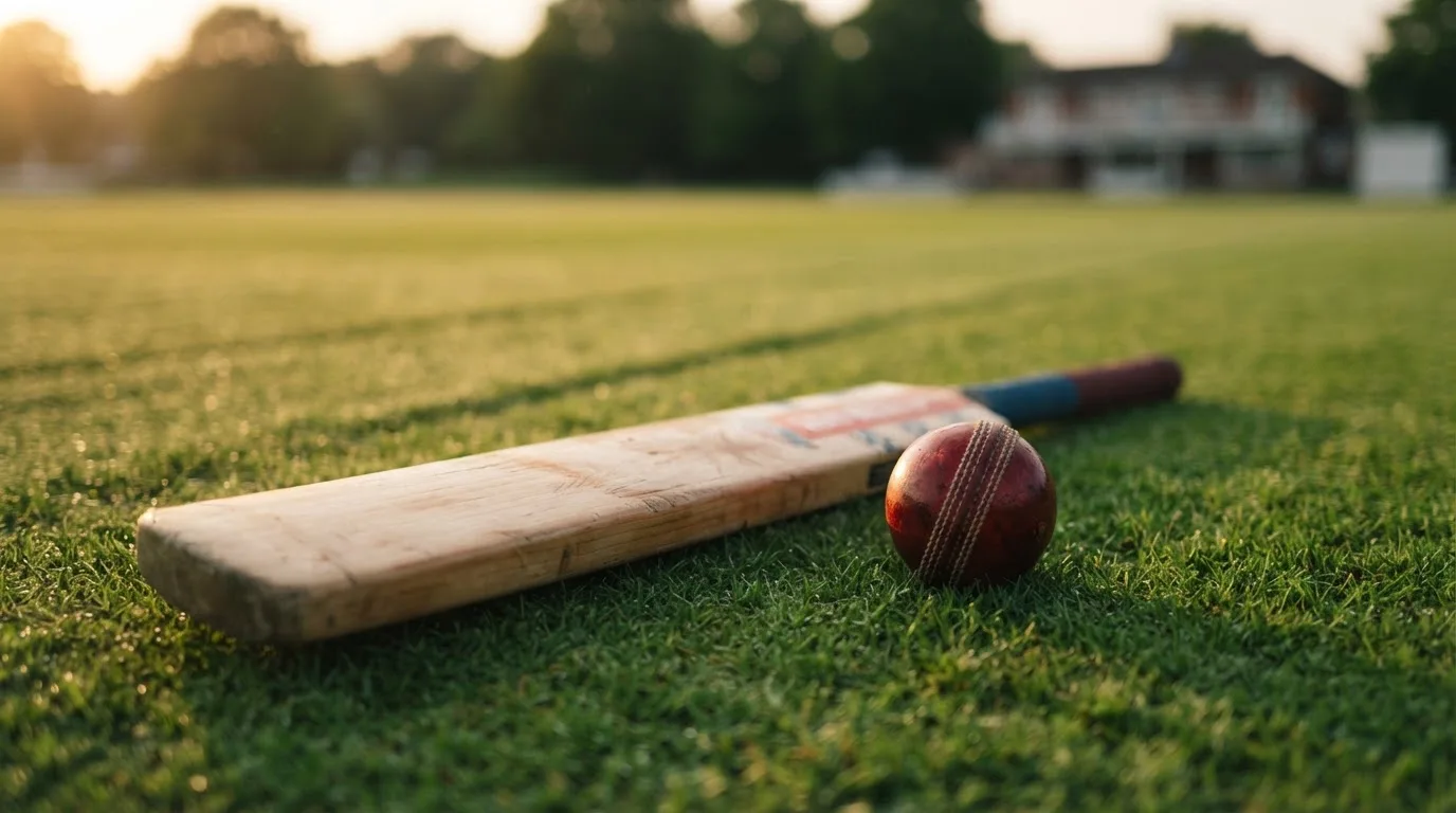 Ein Cricketschläger aus hellem Holz und ein roter Lederball liegen auf kurzem Rasen, weiches Abendlicht.