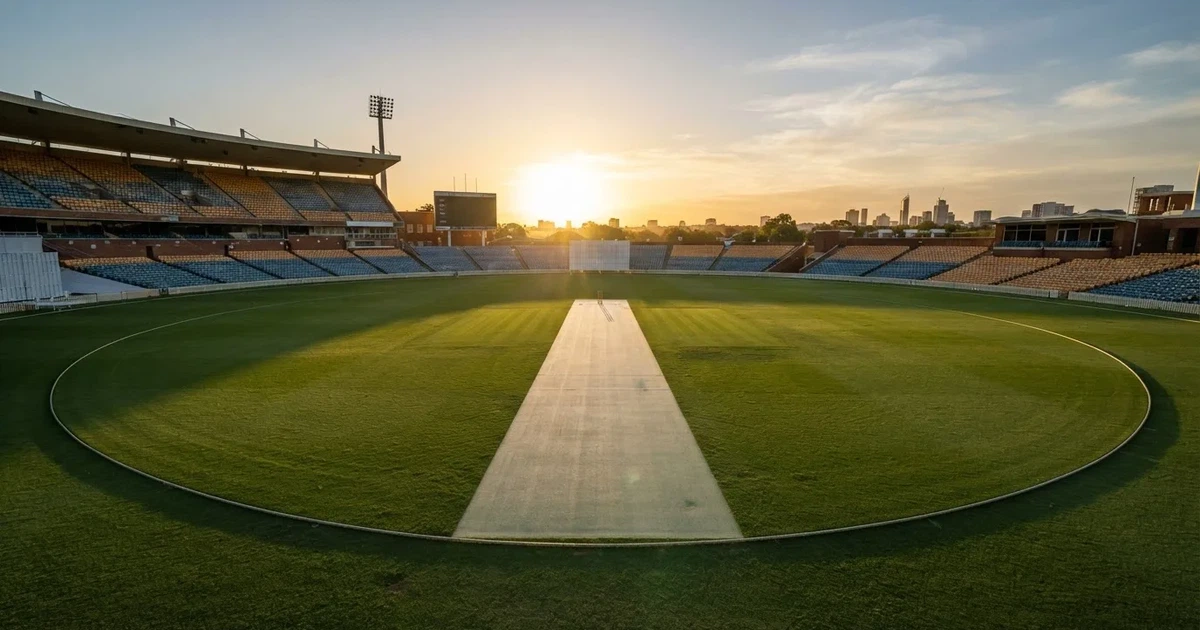 Ein weites grünes Cricketfeld mit einem hellen Streifen in der Mitte, tief stehende Sonne, im Hintergrund eine leere Tribüne.