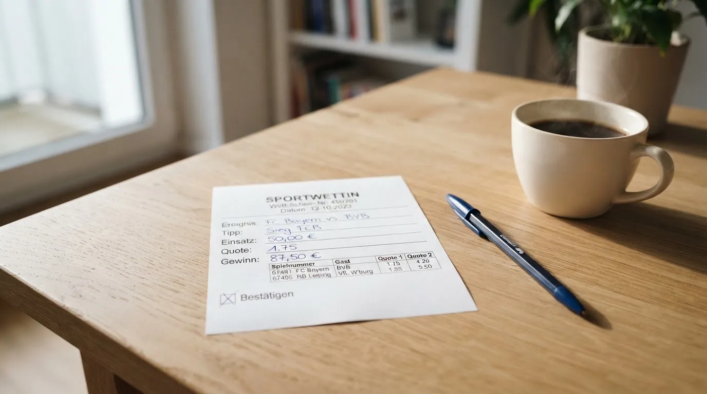 Ein leerer Wettschein aus Papier liegt neben einem Kugelschreiber und einer Tasse auf einem hellen Holztisch.
