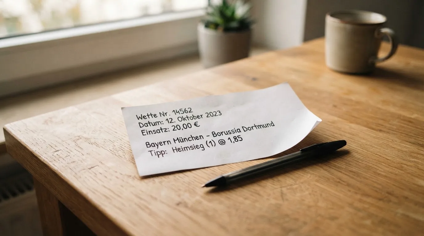 Ein leerer Papierwettschein und ein Kugelschreiber liegen auf einem aufgeräumten Schreibtisch, weiches Licht von einem Fenster.