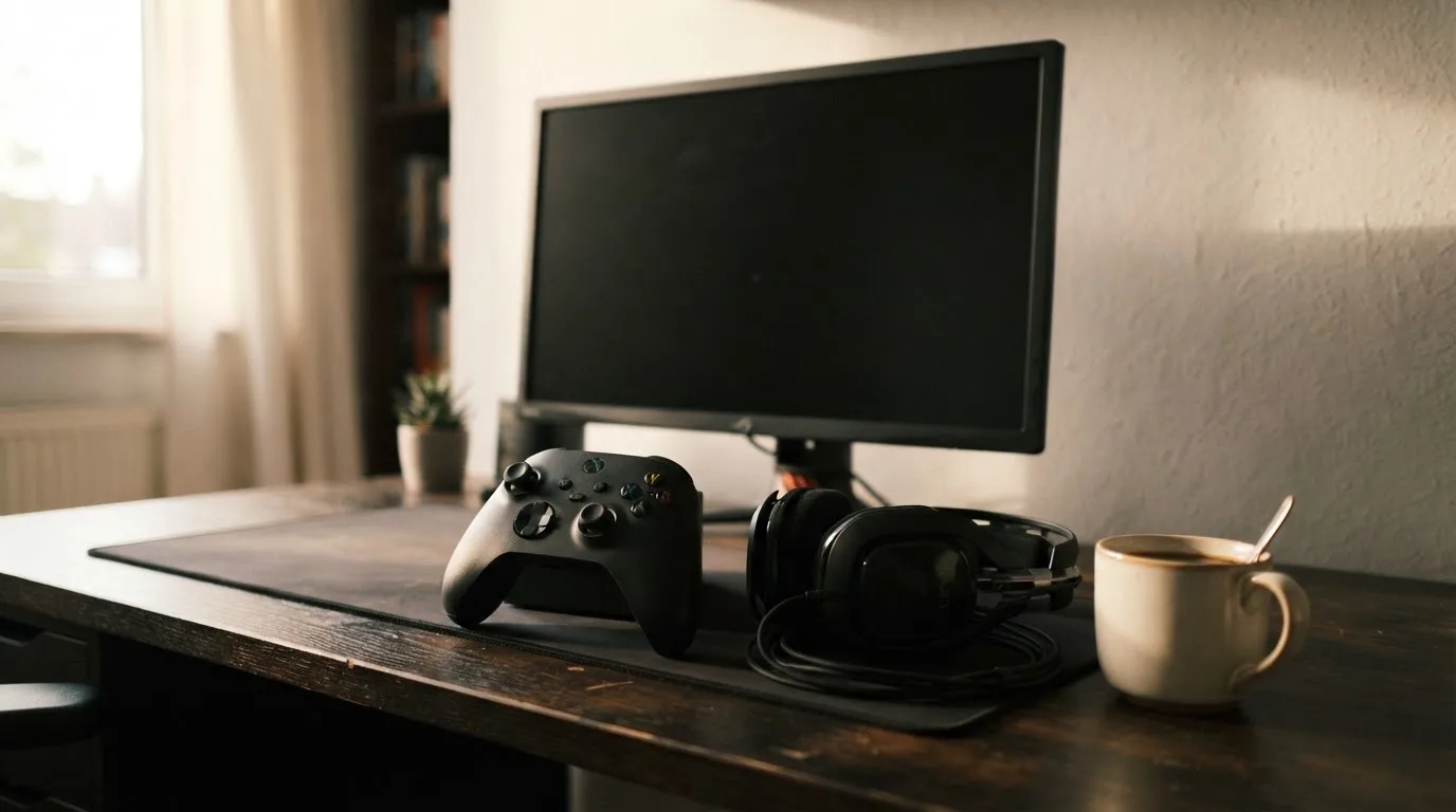 Ein Gamepad und ein Headset liegen auf einem Schreibtisch neben einer Tasse, der Bildschirm im Hintergrund ist ausgeschaltet.