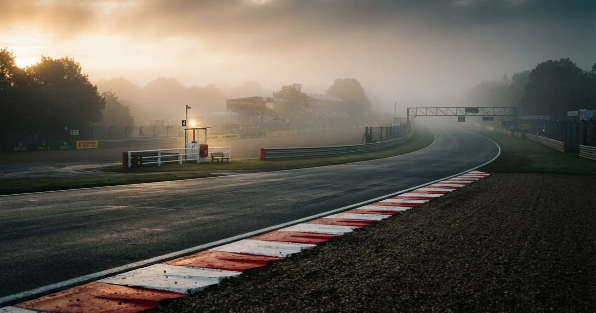Eine leere Rennstrecke im Morgennebel, Asphalt mit rot-weißen Randsteinen, im Hintergrund Tribünen in der Ferne.