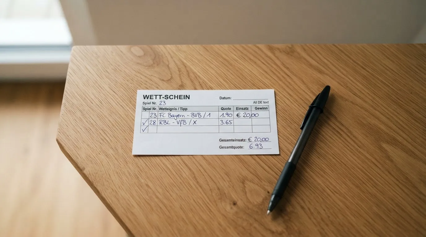 Ein leerer Papierwettschein und ein Kugelschreiber liegen auf einem aufgeräumten Schreibtisch, weiches Licht von einem Fenster.
