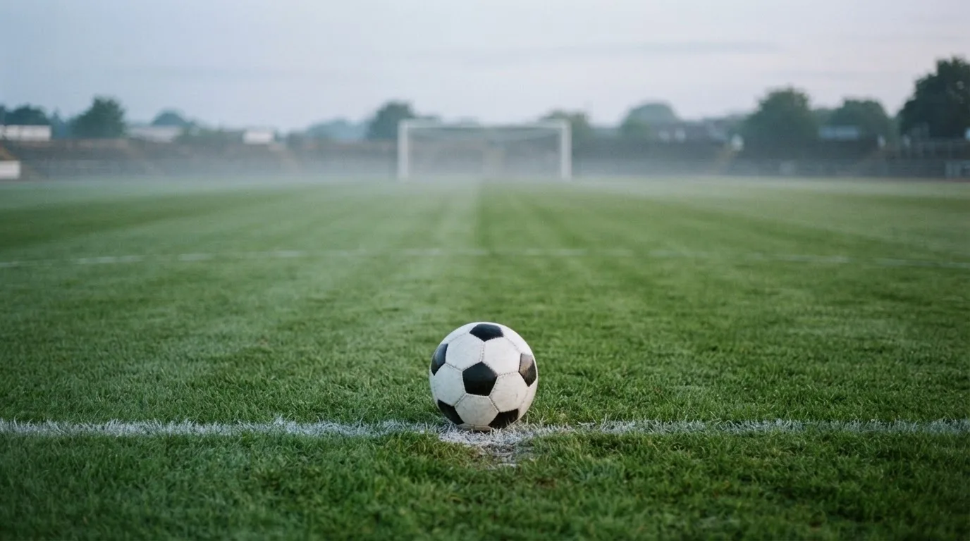 Ein Fußball liegt auf dem Elfmeterpunkt eines leeren Rasenplatzes, im Hintergrund unscharf ein Tor im Morgendunst.