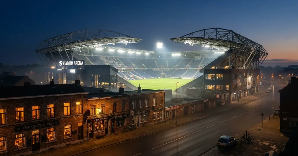 Ein Fußballstadion bei Flutlicht aus der Ferne gesehen, davor eine Straße und leuchtende Fenster eines Nebengebäudes.