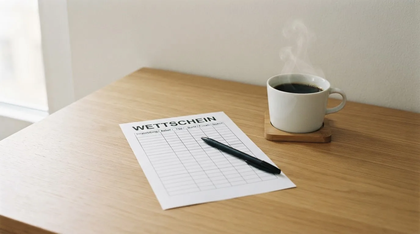 Ein leerer Wettschein aus Papier liegt neben einem Kugelschreiber und einer Tasse auf einem hellen Holztisch.