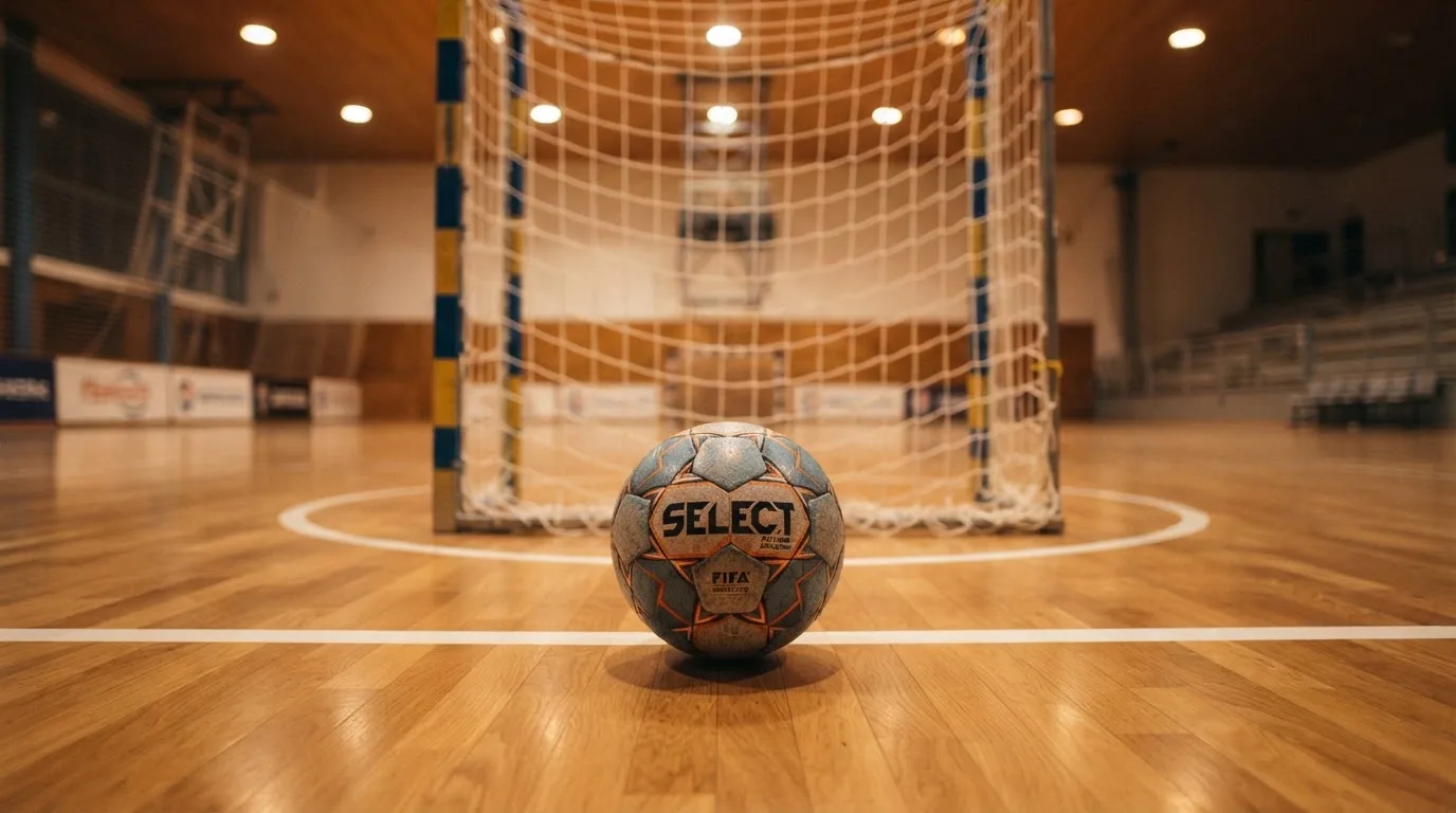 Ein kleiner schwerer Ball liegt in einer Halle auf dem Parkett vor einem Tor, warmes Licht aus den Deckenstrahlern.