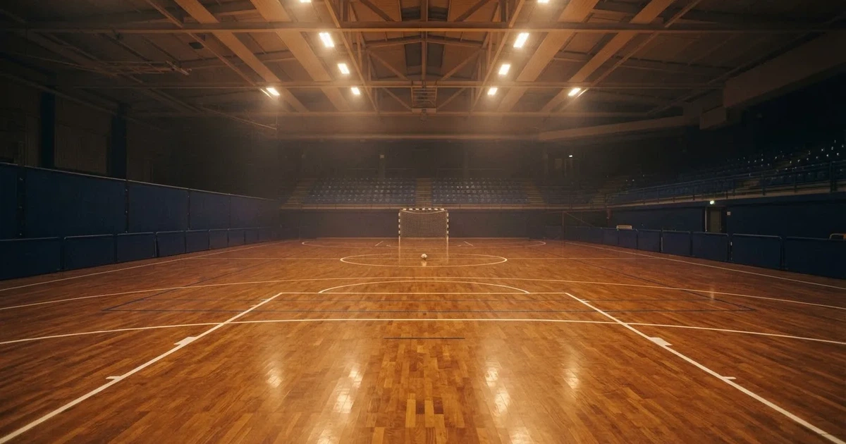 Eine leere Sporthalle mit hellem Hallenboden, kleinen Toren an beiden Enden und blauen Linien, Licht fällt von oben.