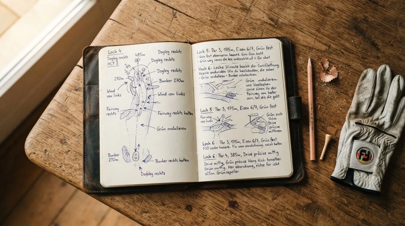Ein Notizbuch mit handschriftlichen Notizen und ein Bleistift liegen neben einem Golfhandschuh und einem Tee auf einem Holztisch.