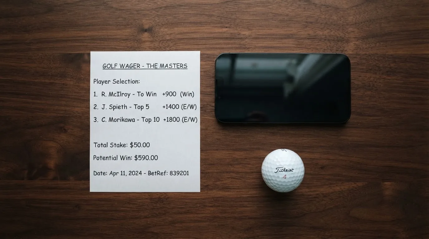 Ein leerer Wettschein aus Papier liegt neben einem Smartphone mit dunklem Display auf einem Tisch, daneben ein einzelner Golfball.