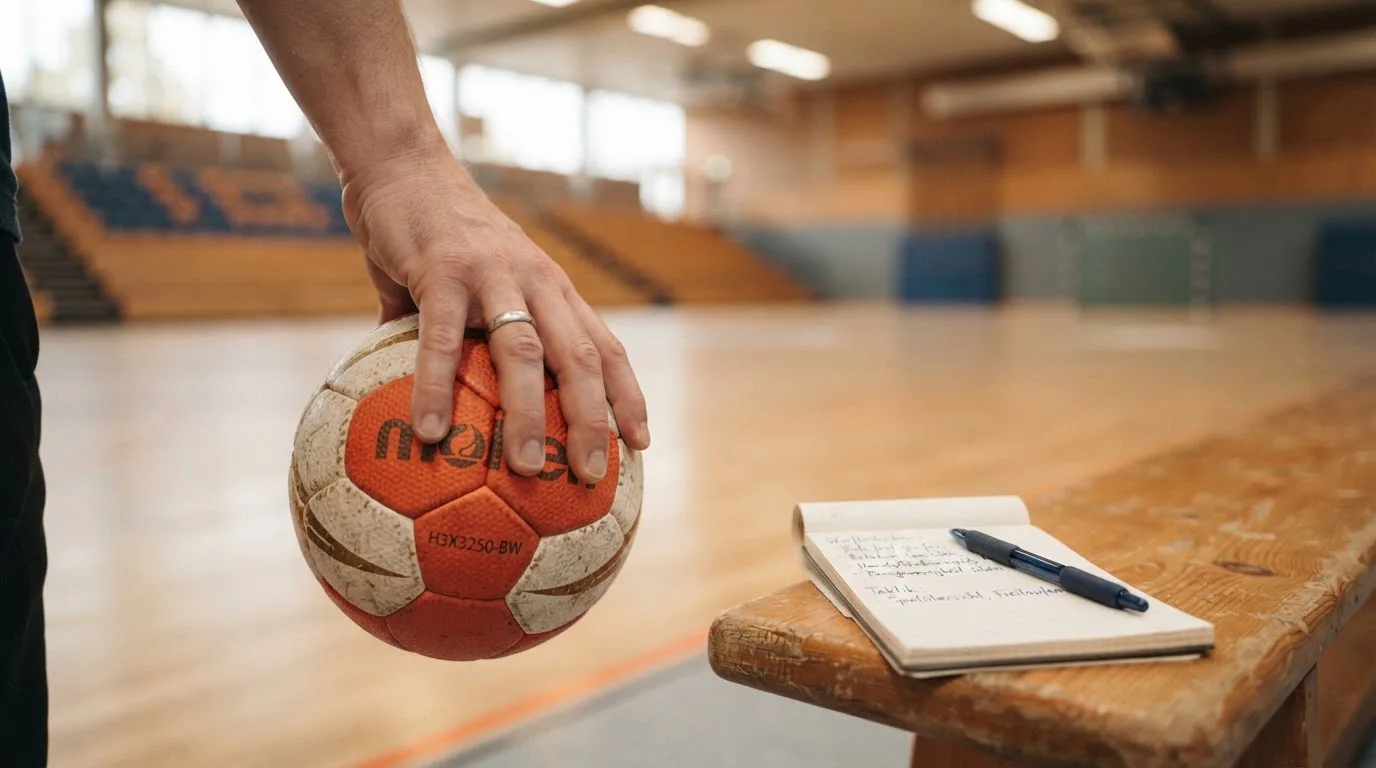 Eine Hand hält einen Handball, im Hintergrund eine unscharfe Tribüne, daneben liegt ein Notizblock auf einer Bank.