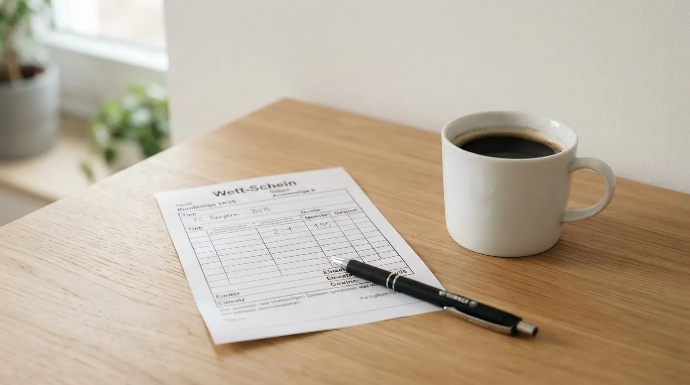 Ein leerer Wettschein aus Papier und ein Kugelschreiber liegen auf einem Schreibtisch neben einer Tasse Kaffee im Tageslicht.