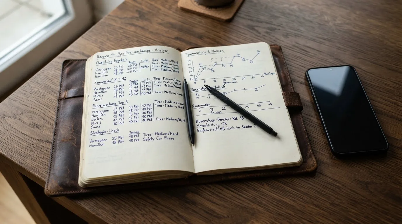 Ein Notizbuch mit handschriftlichen Notizen und ein Stift liegen auf einem Holztisch neben einem Smartphone mit dunklem Bildschirm.
