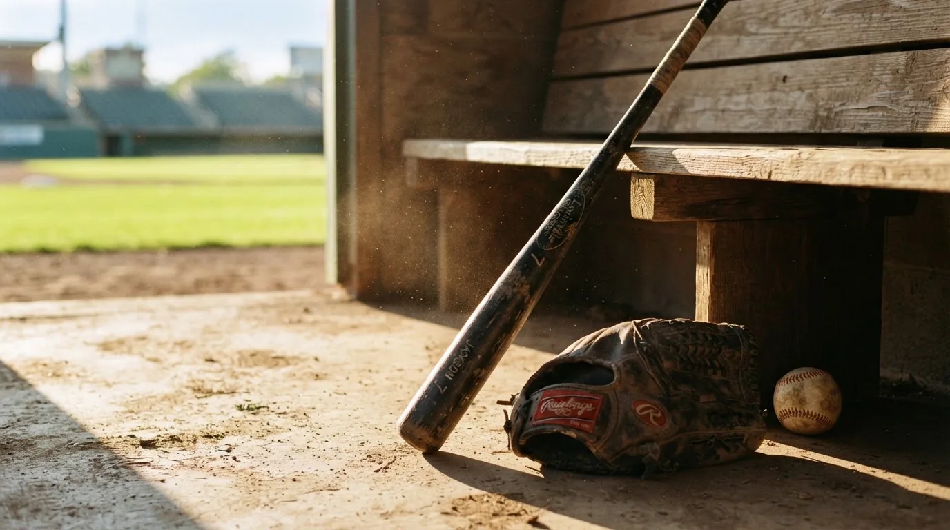 Ein Baseballschläger lehnt an einer Bank im Dugout, daneben liegen ein Handschuh und ein Ball im Licht der Nachmittagssonne.