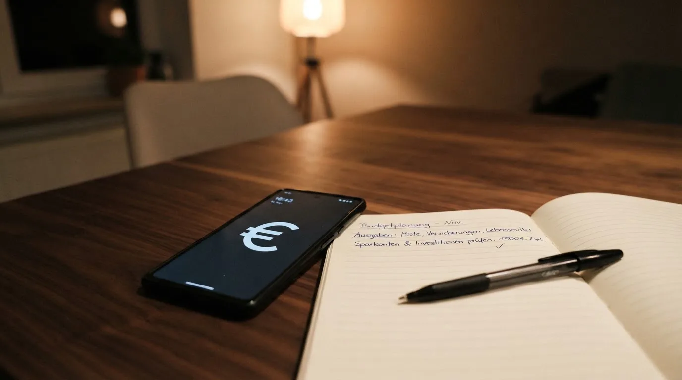Ein Smartphone mit dunklem Display liegt neben einem Notizbuch und einem Kugelschreiber auf einem Tisch.
