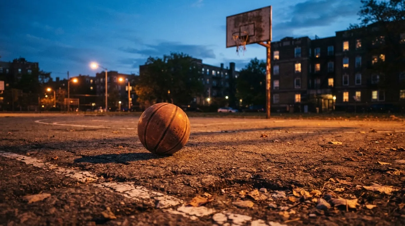 Ein Basketball rollt auf einem Freiluftplatz in der Abenddämmerung zu einem Korb, die Straßenlaternen leuchten bereits.
