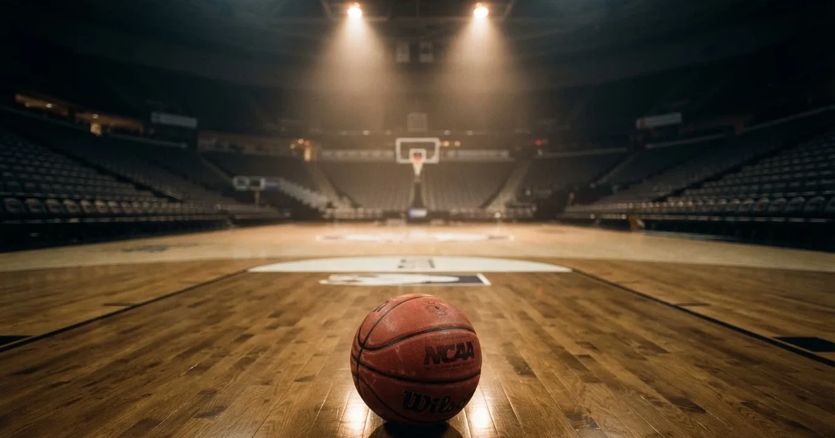 Ein Basketball liegt auf dem Parkettboden einer leeren Arena, Scheinwerfer werfen Licht auf die Mittellinie.