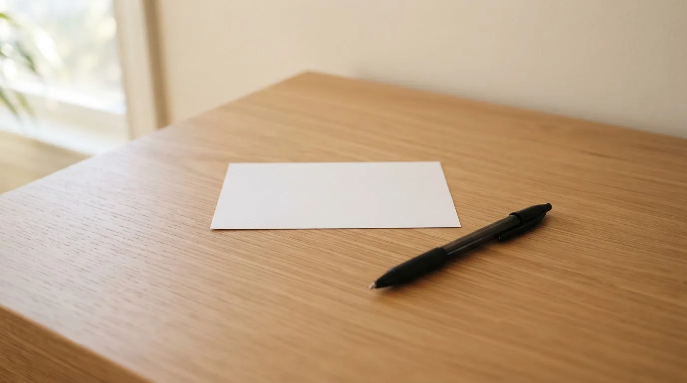 Ein leerer Wettschein aus Papier liegt neben einem Kugelschreiber auf einem Schreibtisch im Tageslicht.