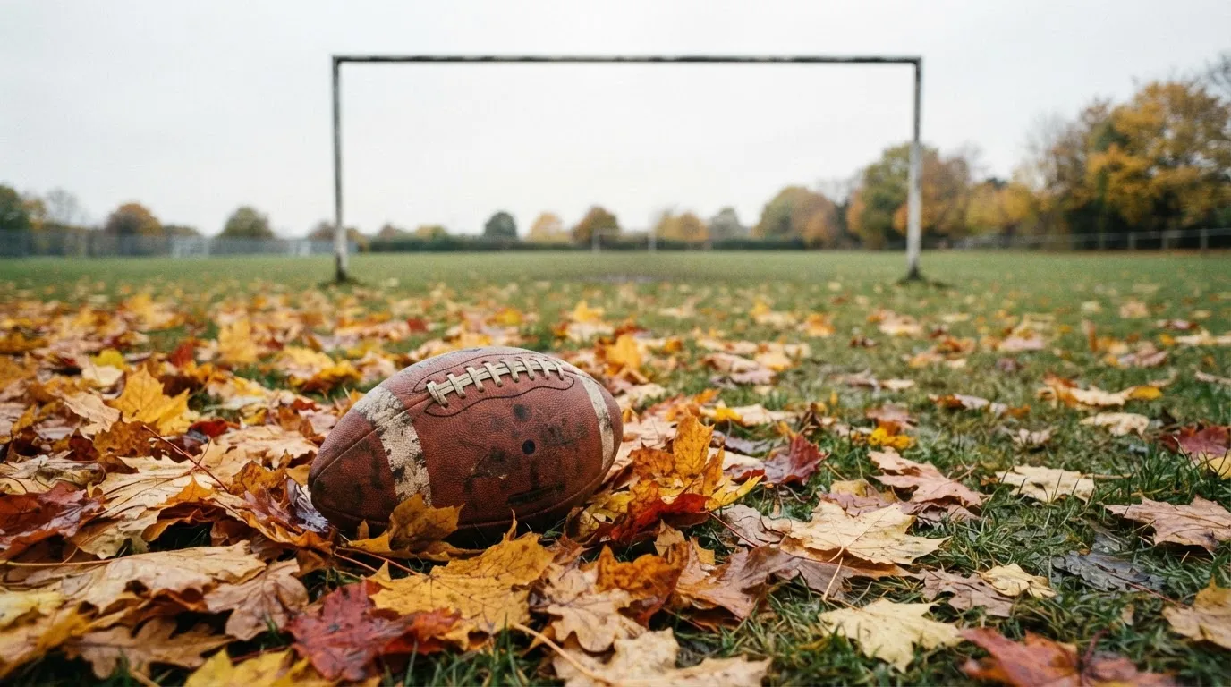 Ein American Football liegt im Herbstlaub am Rand eines Trainingsplatzes, dahinter ein einfaches Metalltor.