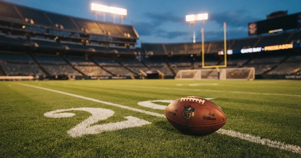 Ein American Football liegt auf dem Rasen eines leeren Stadions unter Flutlicht, die Torstangen ragen im Hintergrund auf.